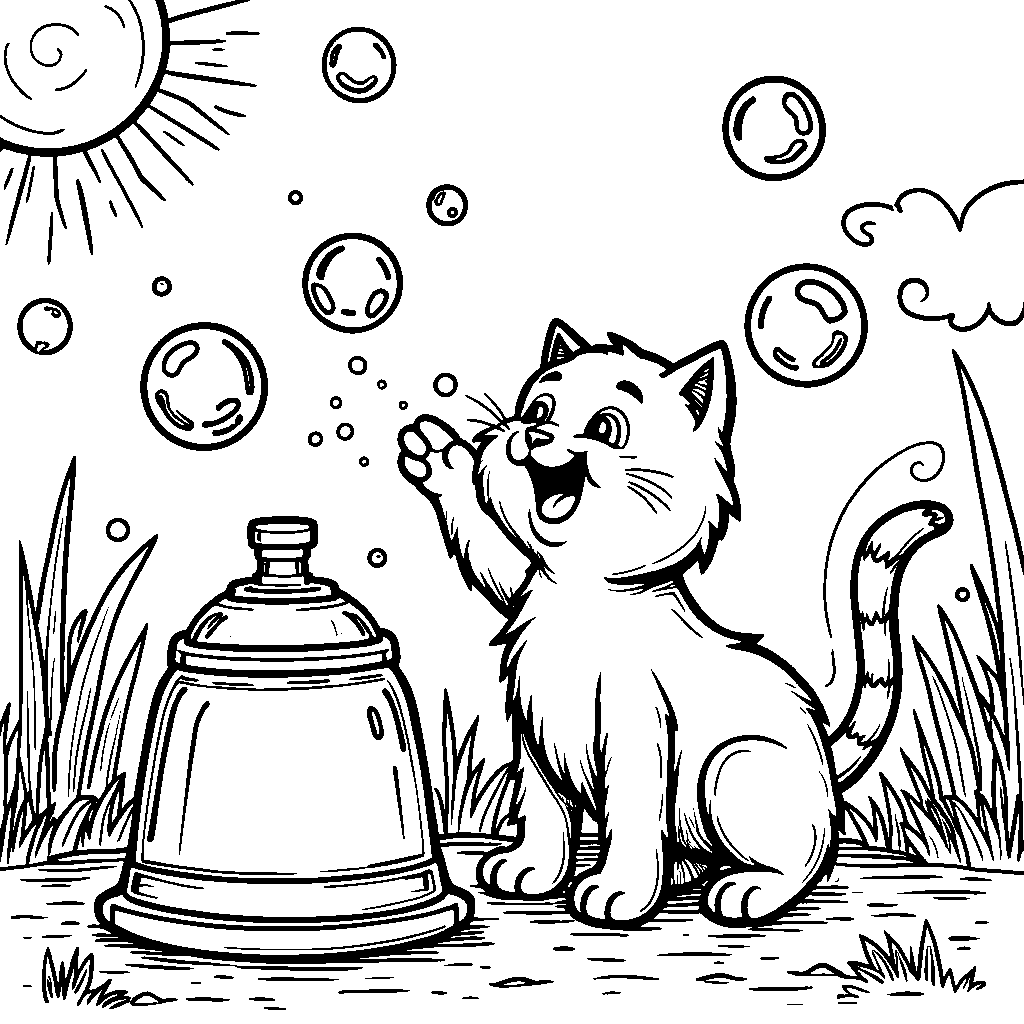 Cat playing with a bubble machine and chasing bubbles