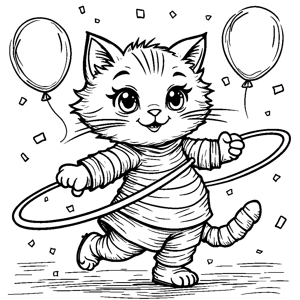 Cat playing with a hula hoop and dancing