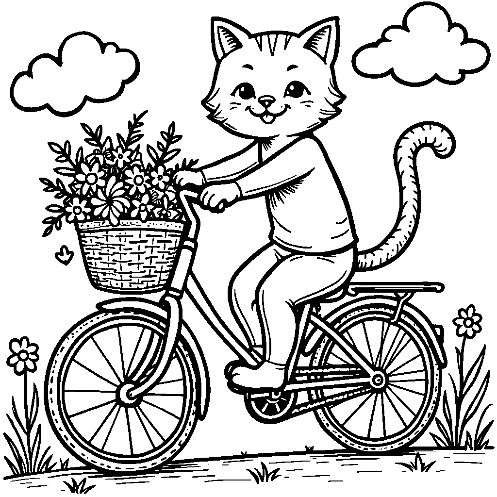 Cat riding a bicycle with a basket full of flowers