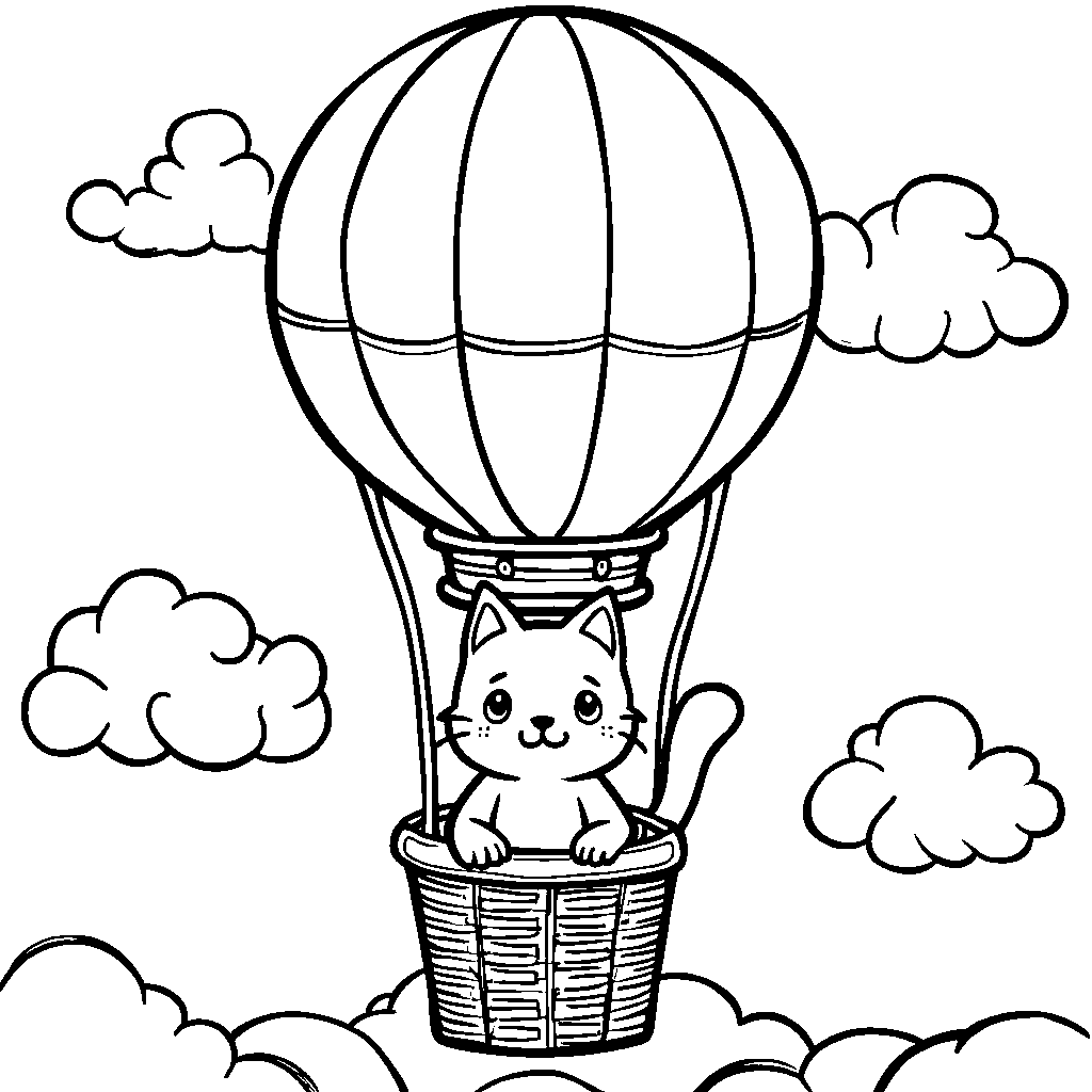 Cat riding a hot air balloon through the clouds