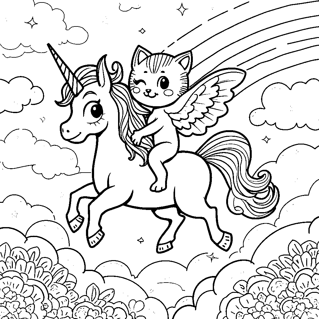 Cat riding a unicorn through a rainbow-colored sky