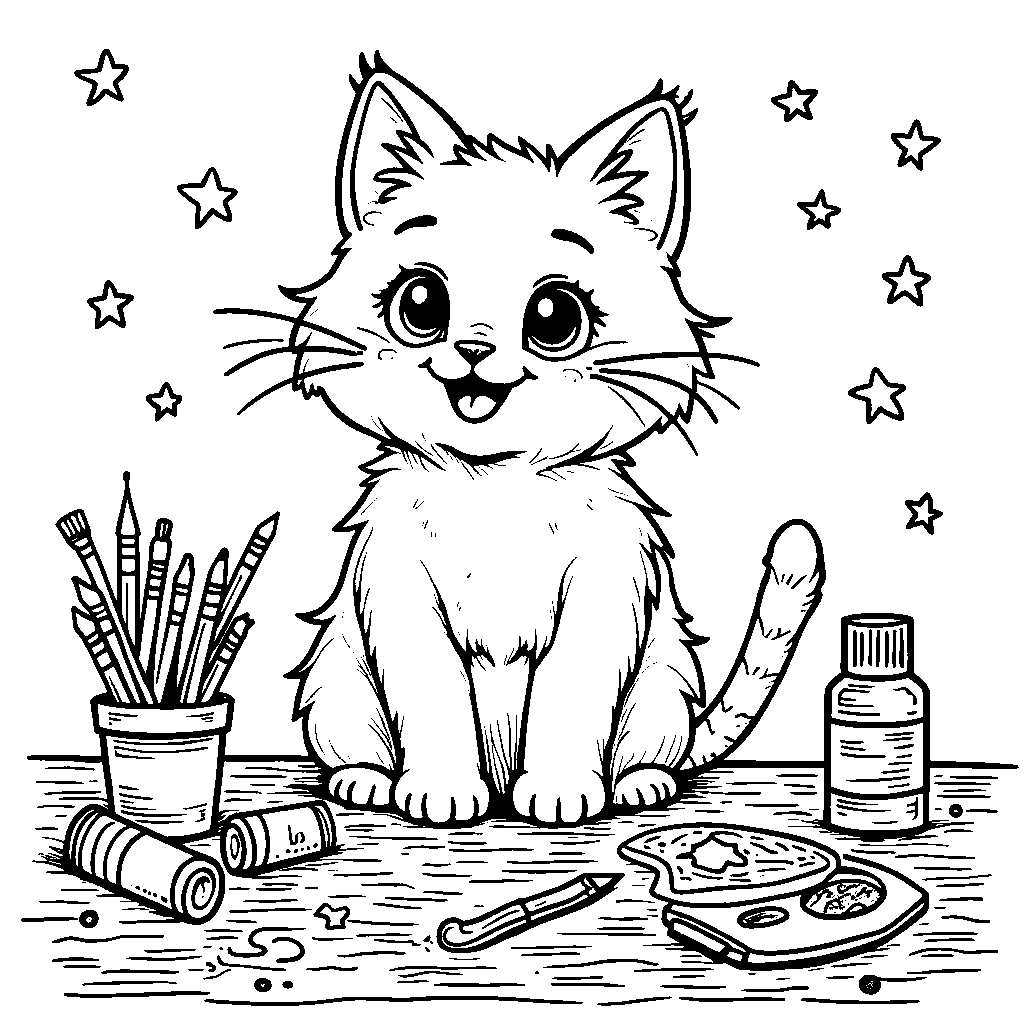 Cat sitting at a craft table, making art and crafts