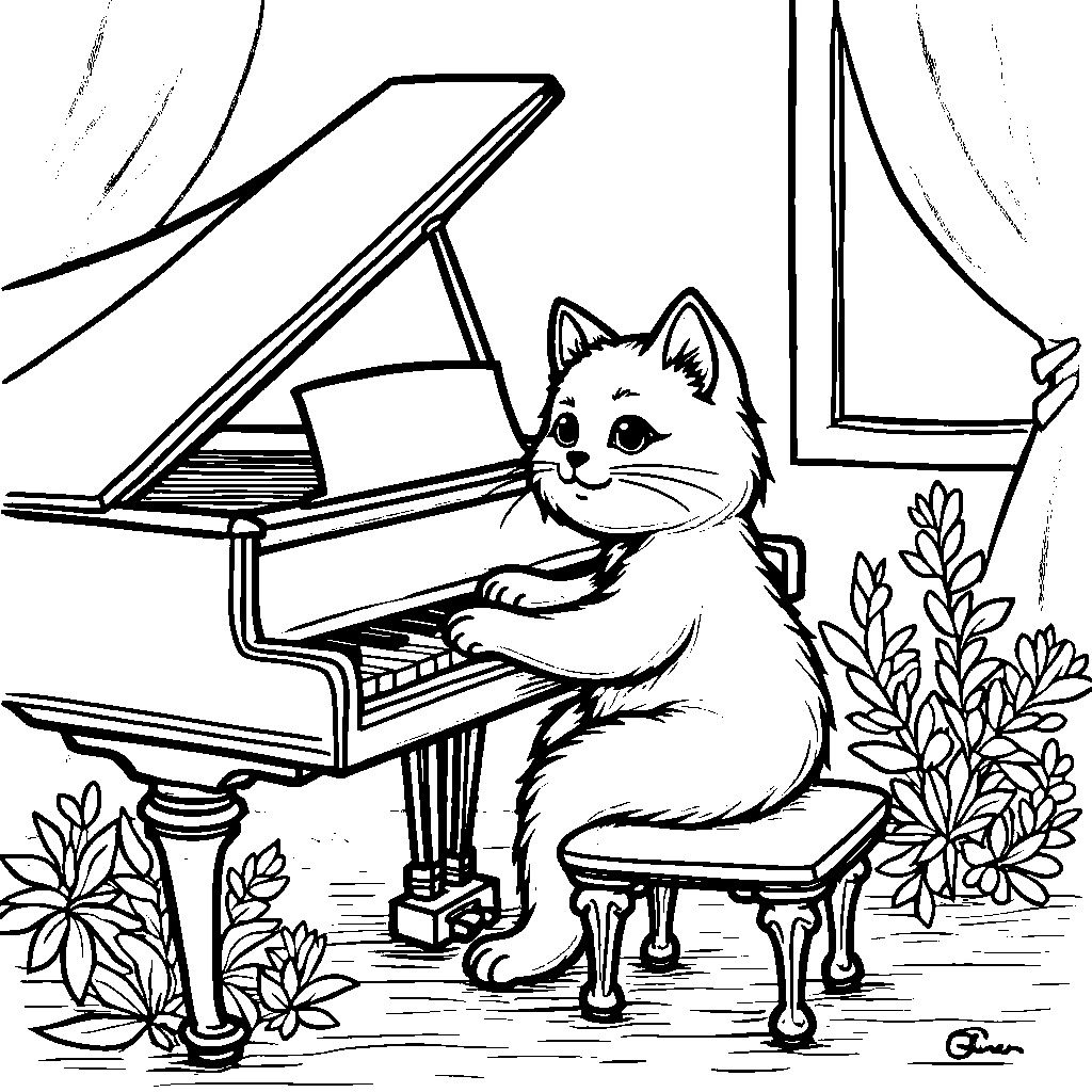 Cat sitting at a piano, playing a beautiful melody