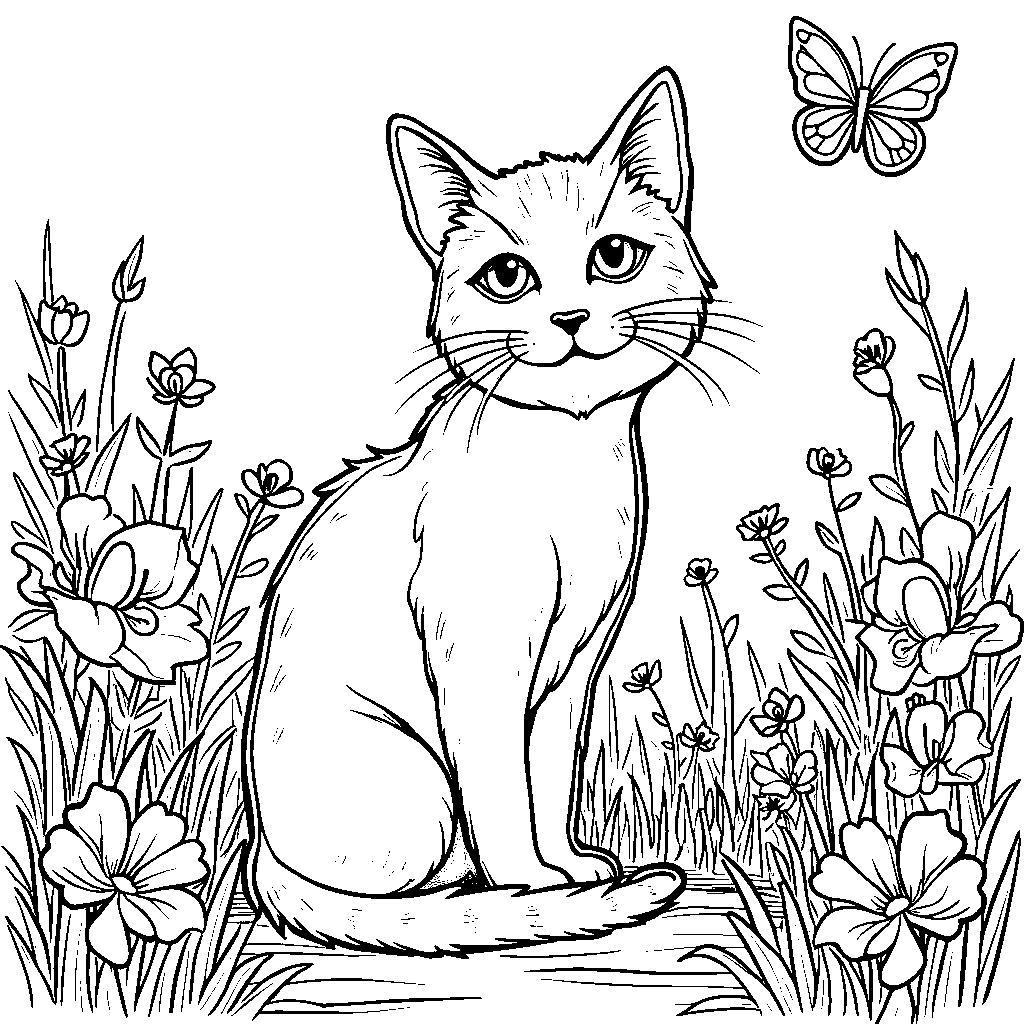 Cat sitting in a garden surrounded by flowers and butterflies