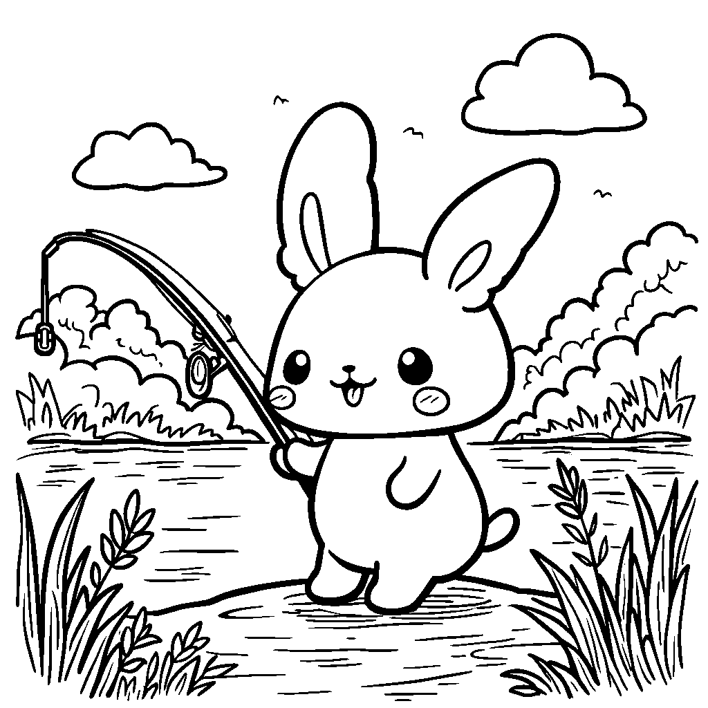 Cinnamoroll holding a fishing rod and standing by a lake