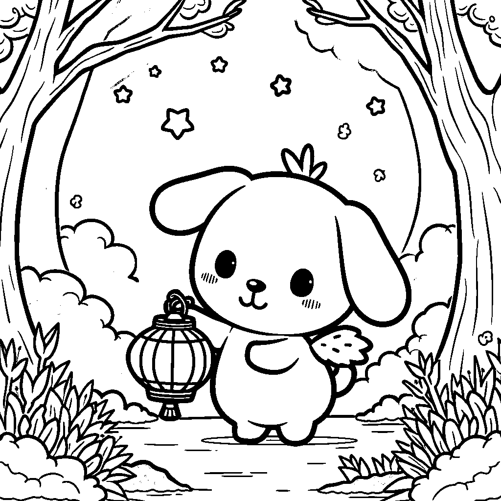 Cinnamoroll holding a lantern and walking in the dark