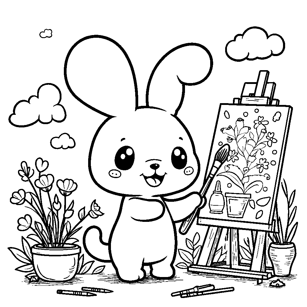 Cinnamoroll holding a paintbrush and standing in front of an easel