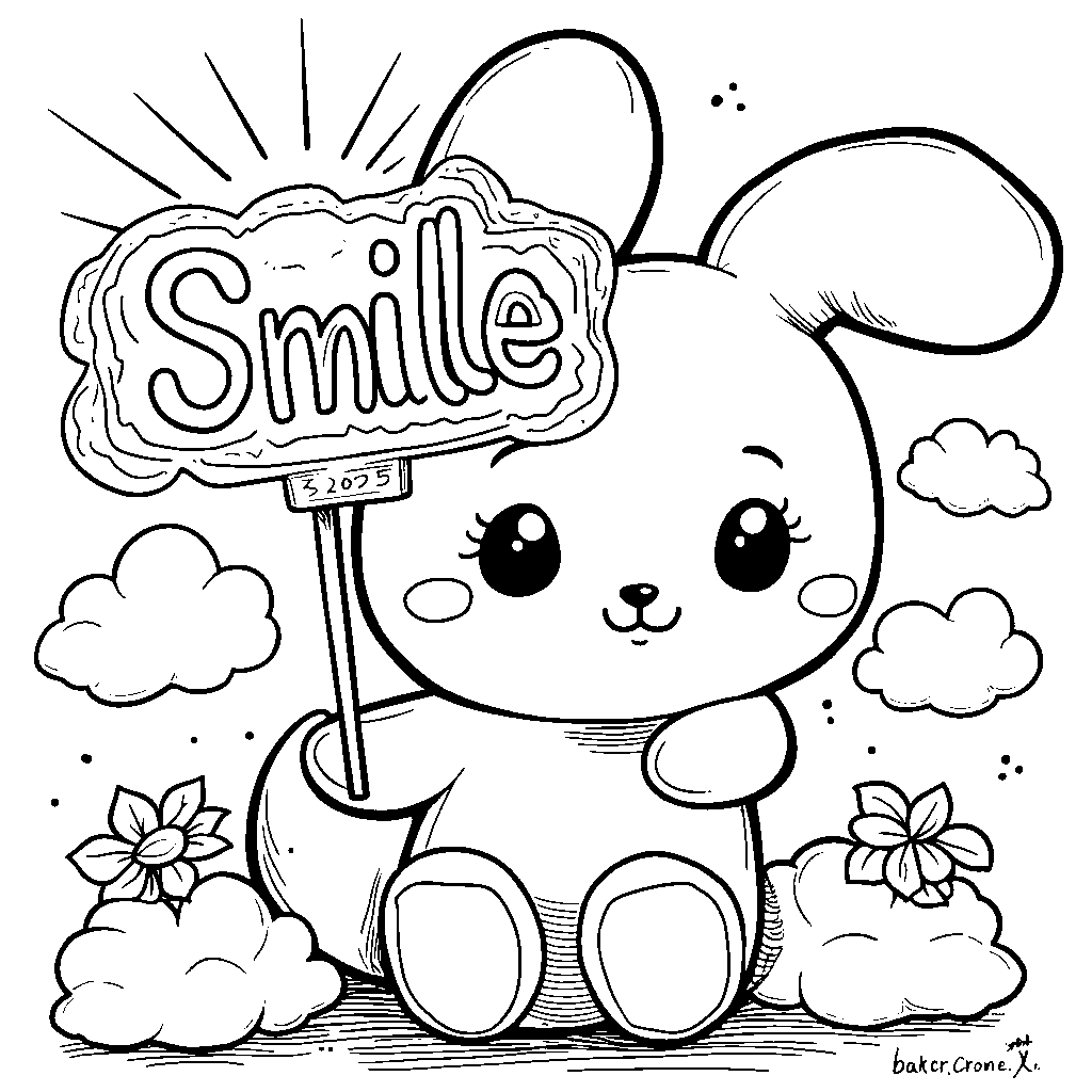 Cinnamoroll holding a sign that says 'Smile'