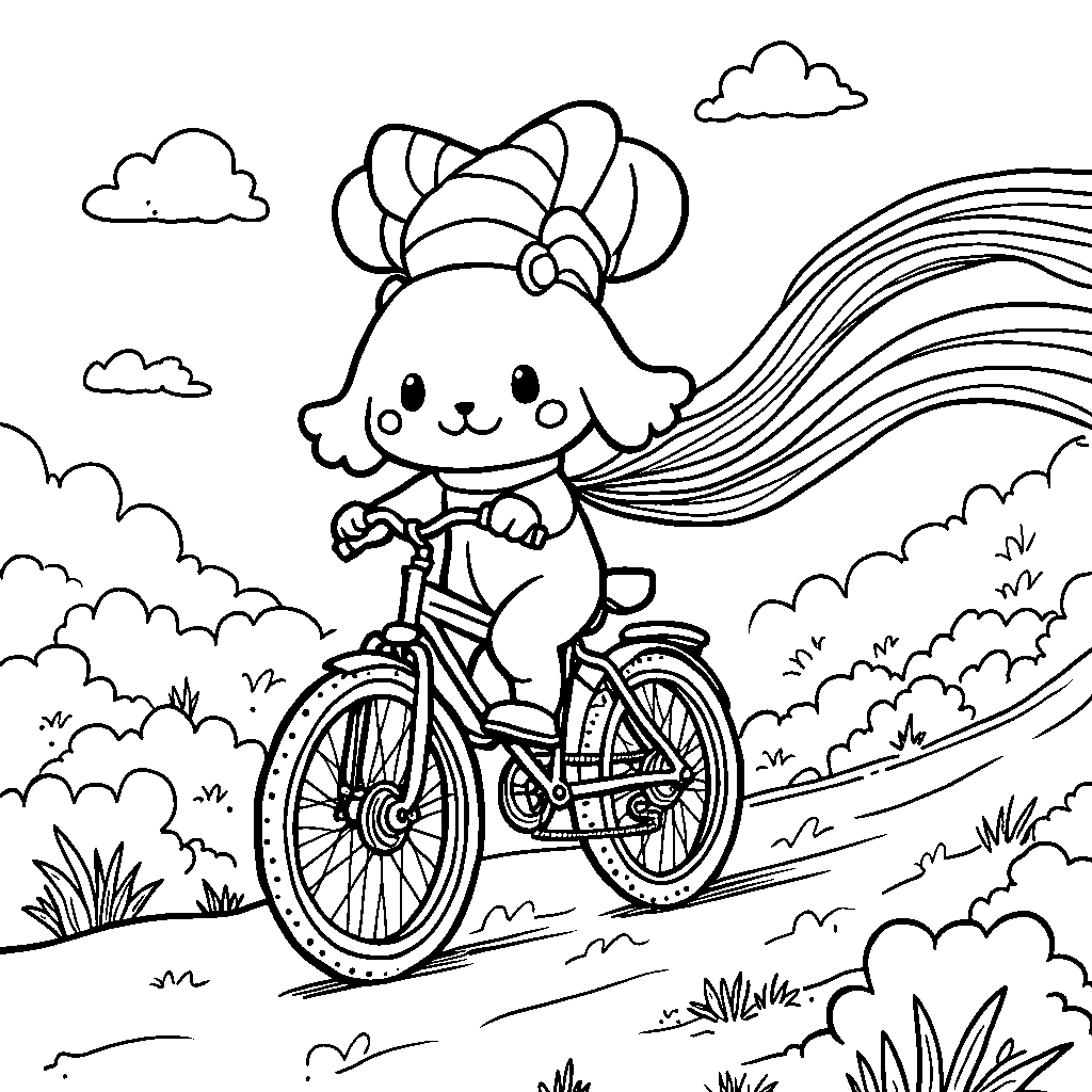 Cinnamoroll riding a bicycle with streamers on the handlebars