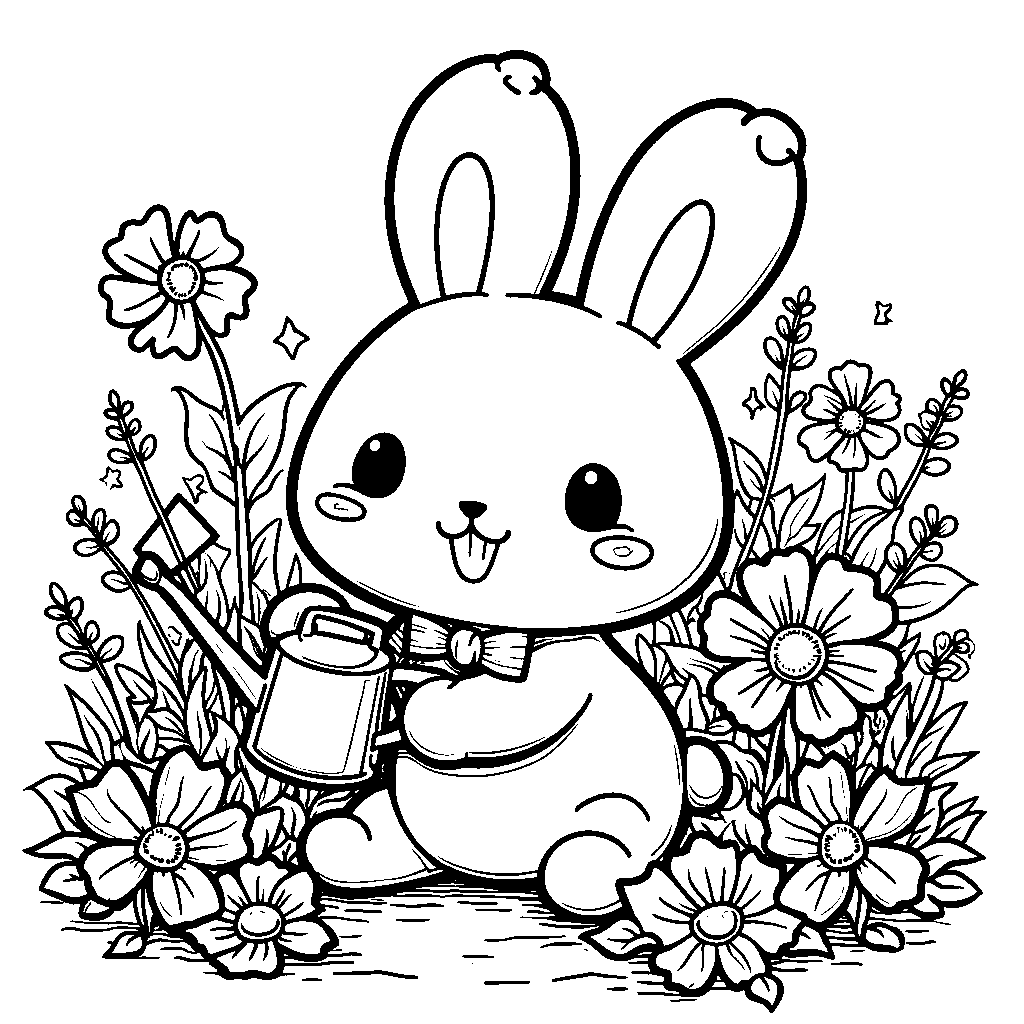 Cinnamoroll sitting in a garden with a watering can