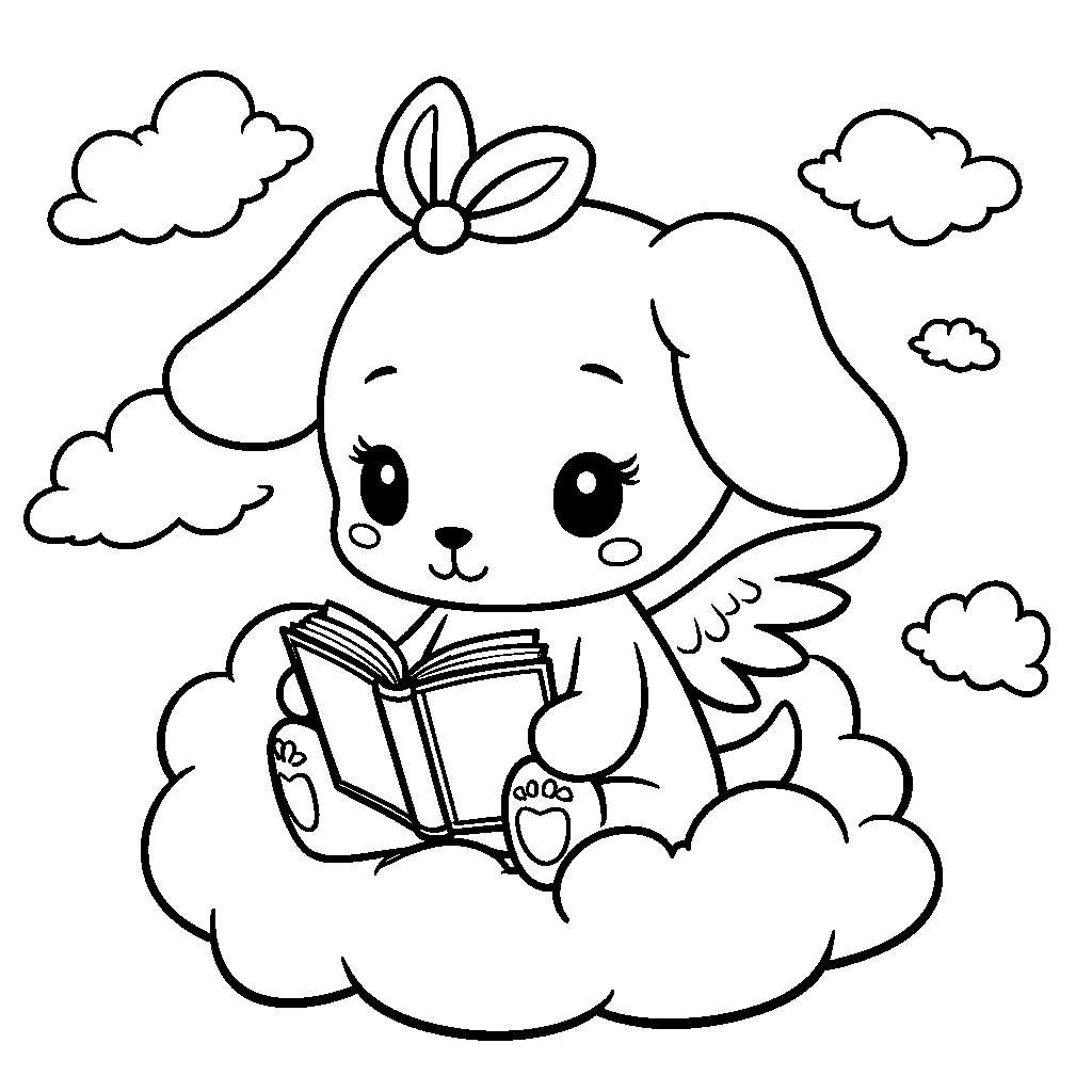 Cinnamoroll sitting on a cloud with a book