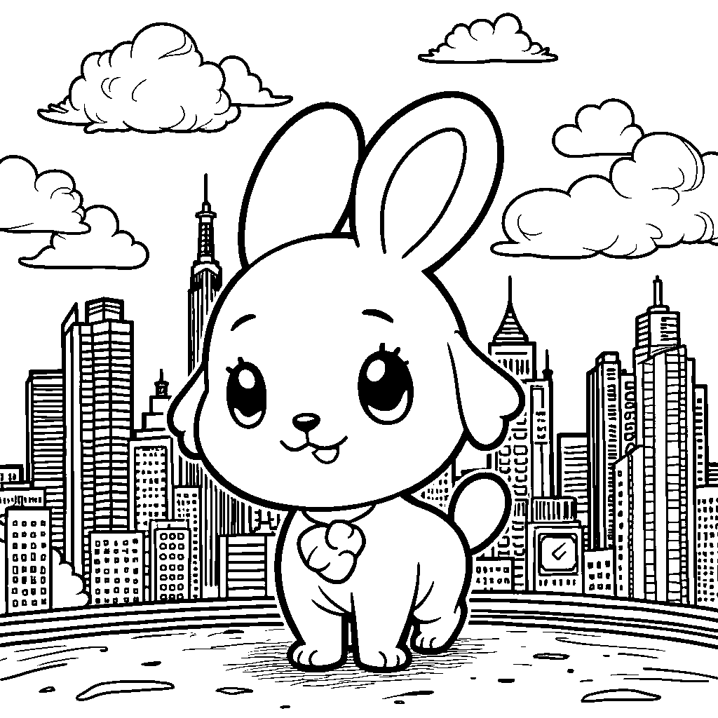 Cinnamoroll standing in front of a city skyline