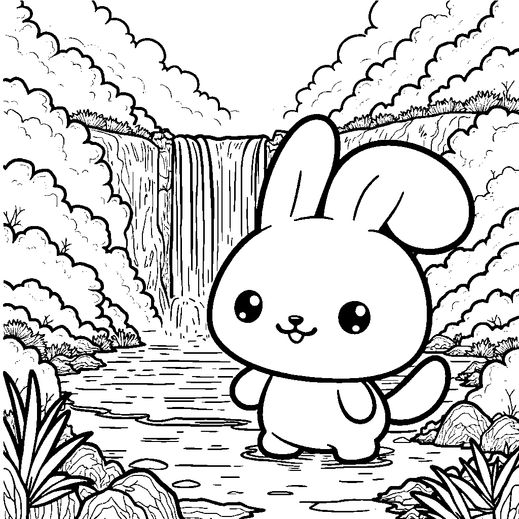 Cinnamoroll standing in front of a rainbow-colored waterfall