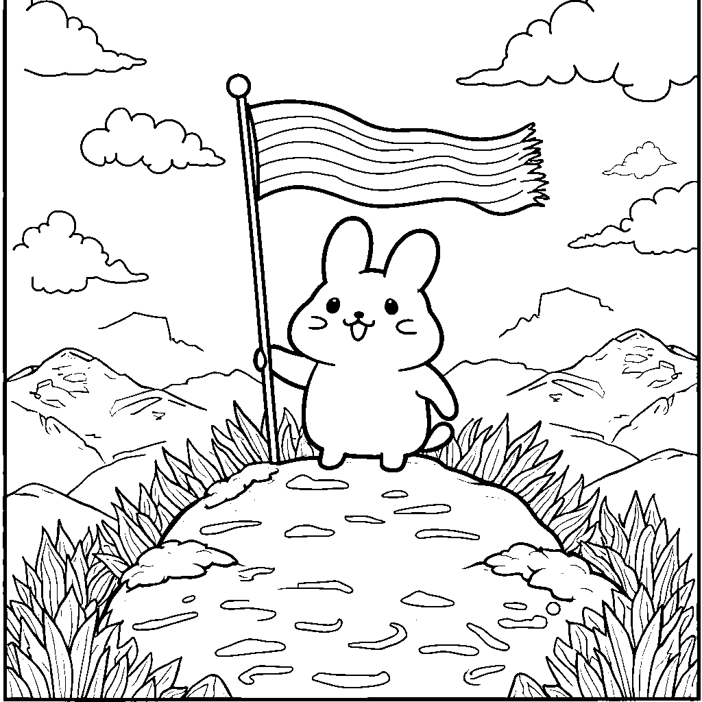 Cinnamoroll standing on a mountaintop with a flag