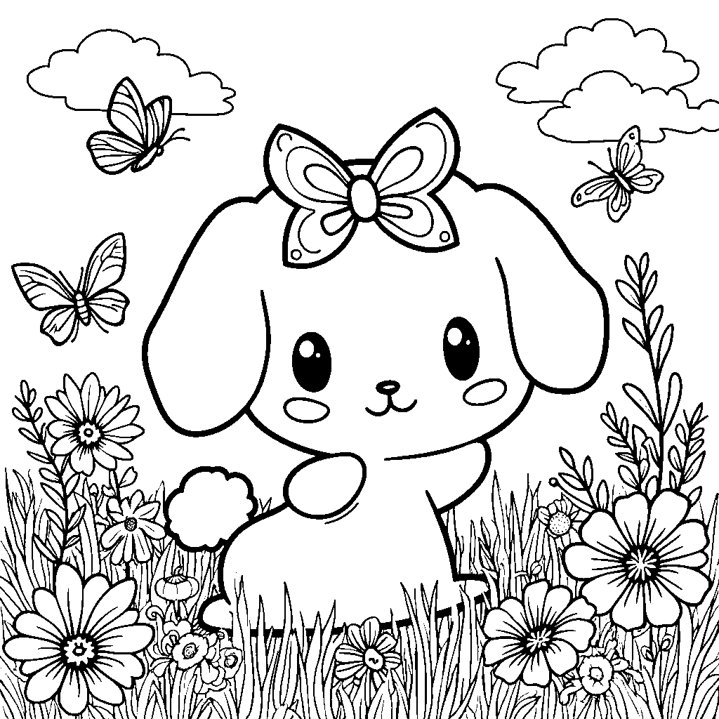 Cinnamoroll surrounded by butterflies and flowers