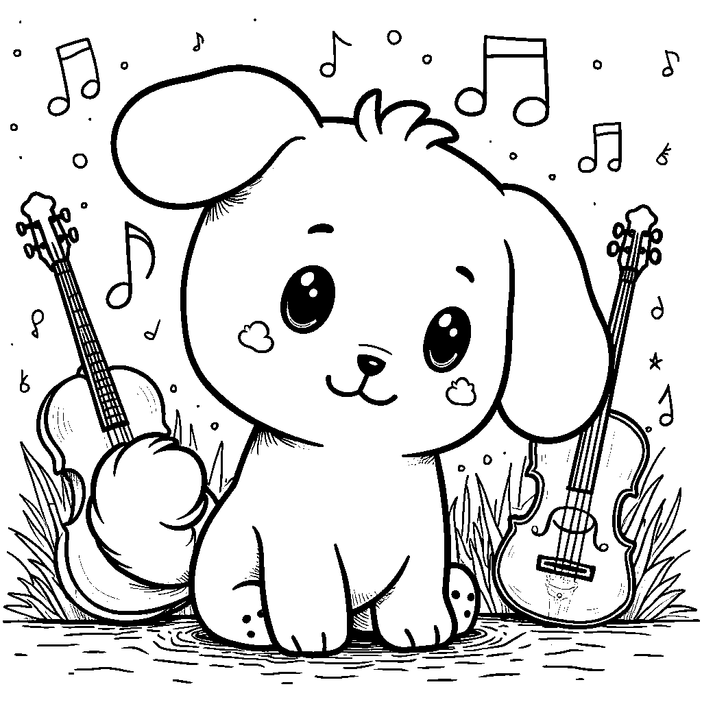 Cinnamoroll surrounded by musical notes and instruments