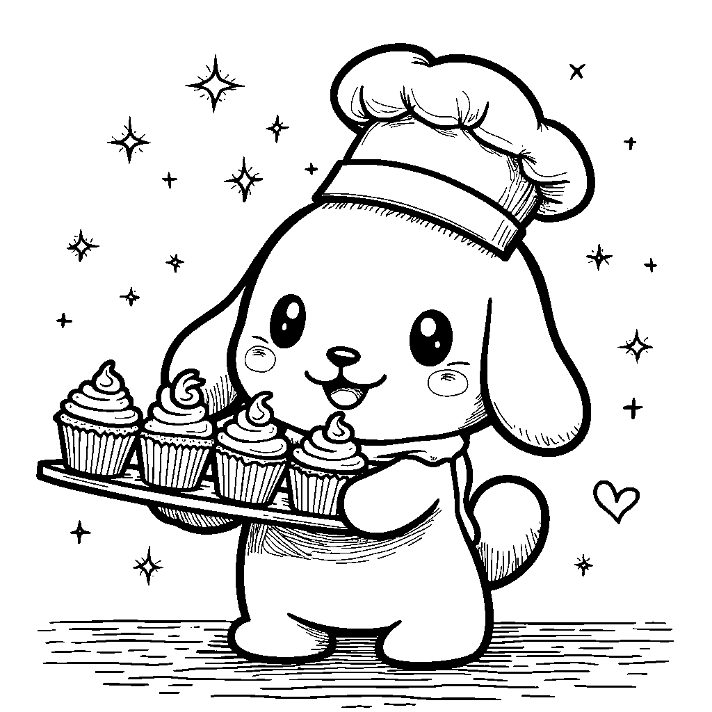 Cinnamoroll wearing a chef's hat and holding a tray of cupcakes