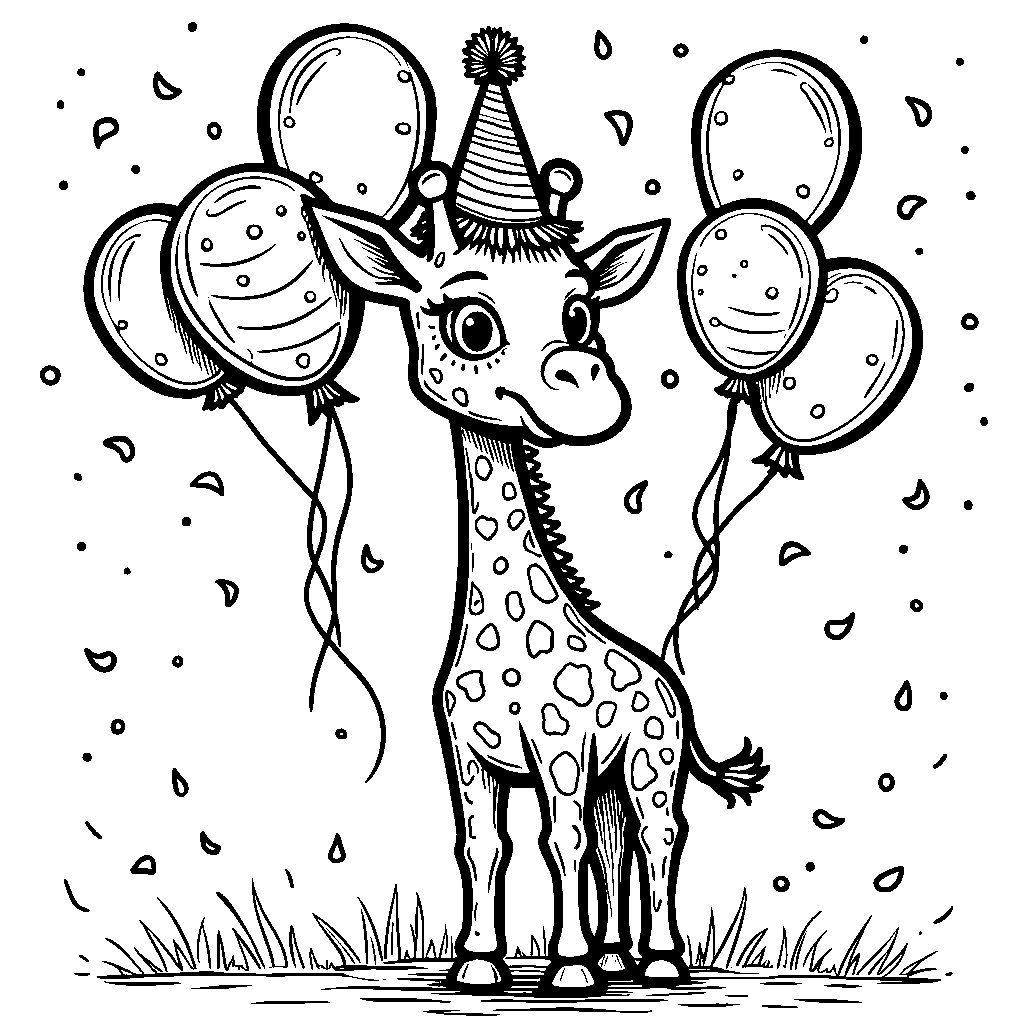 Giraffe Wearing a Party Hat and Balloons