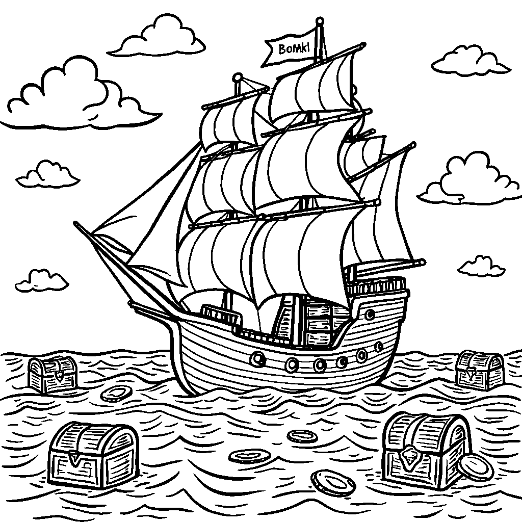 Pirate Ship Sailing Through a Sea of Treasure