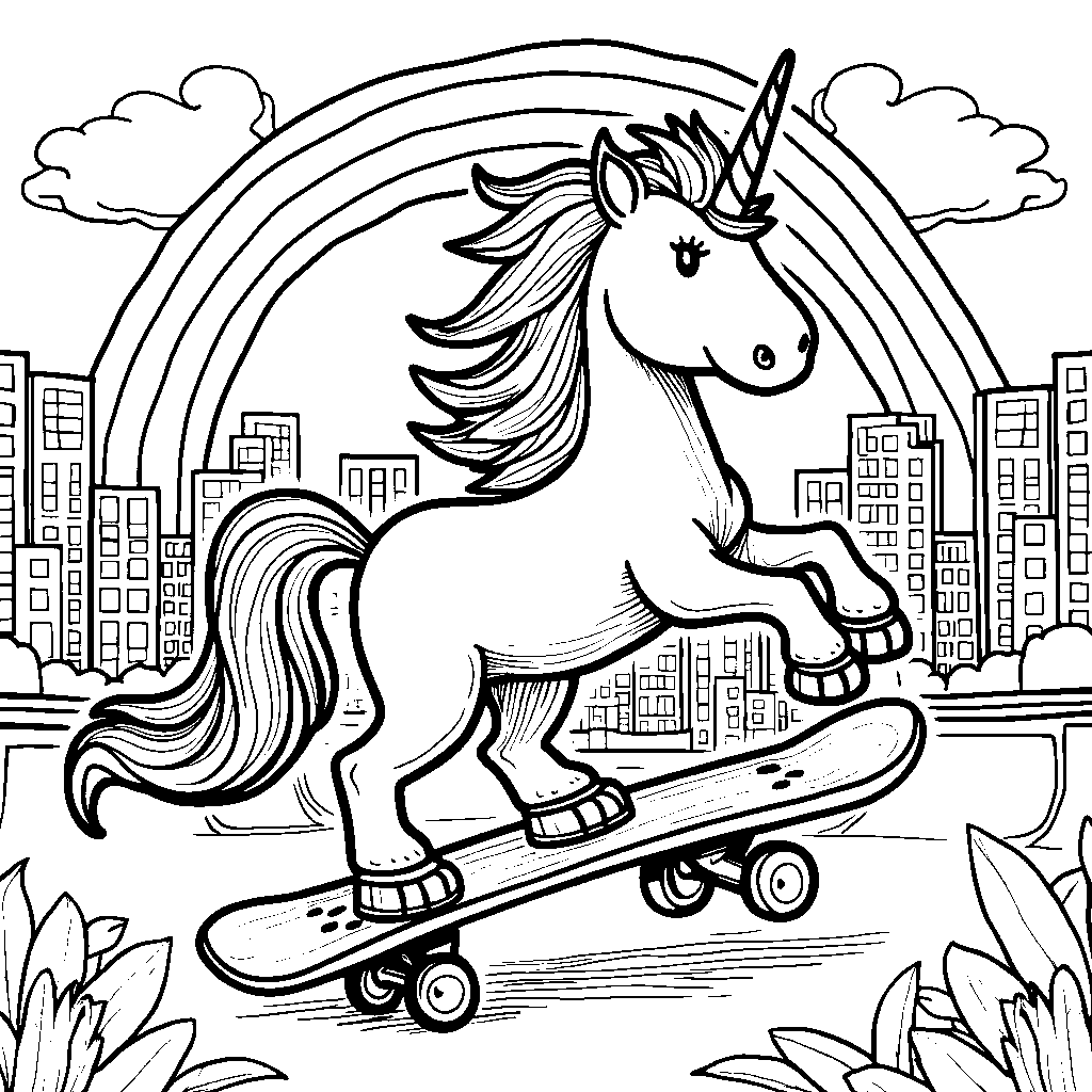 Rainbow Unicorn Riding a Skateboard