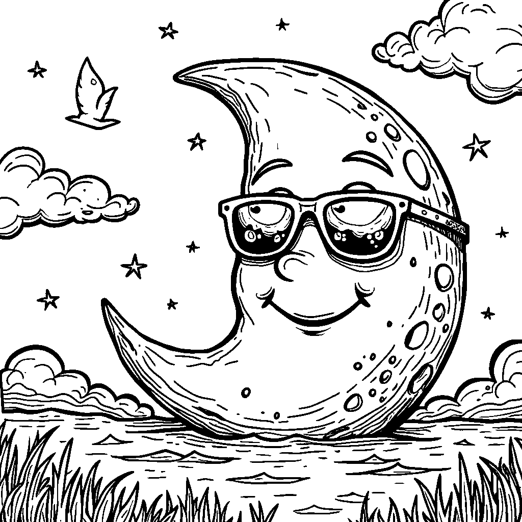 Smiling Moon with a Face and Sunglasses