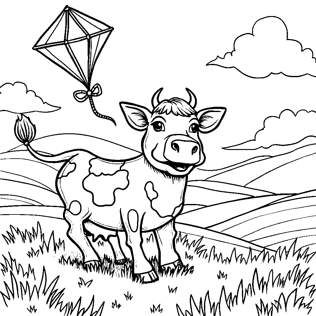 Cow flying a kite in the wind