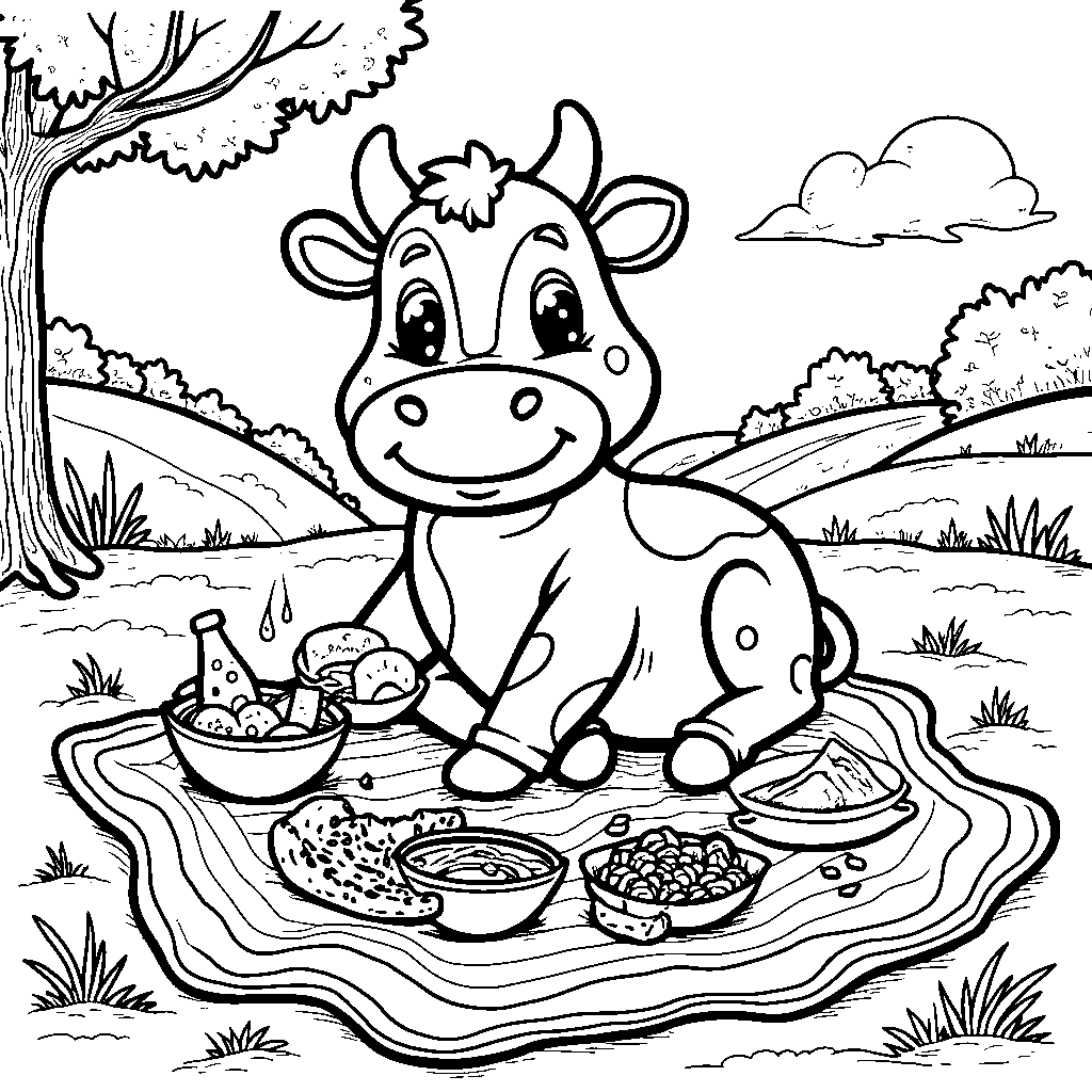 Cow having a picnic with friends