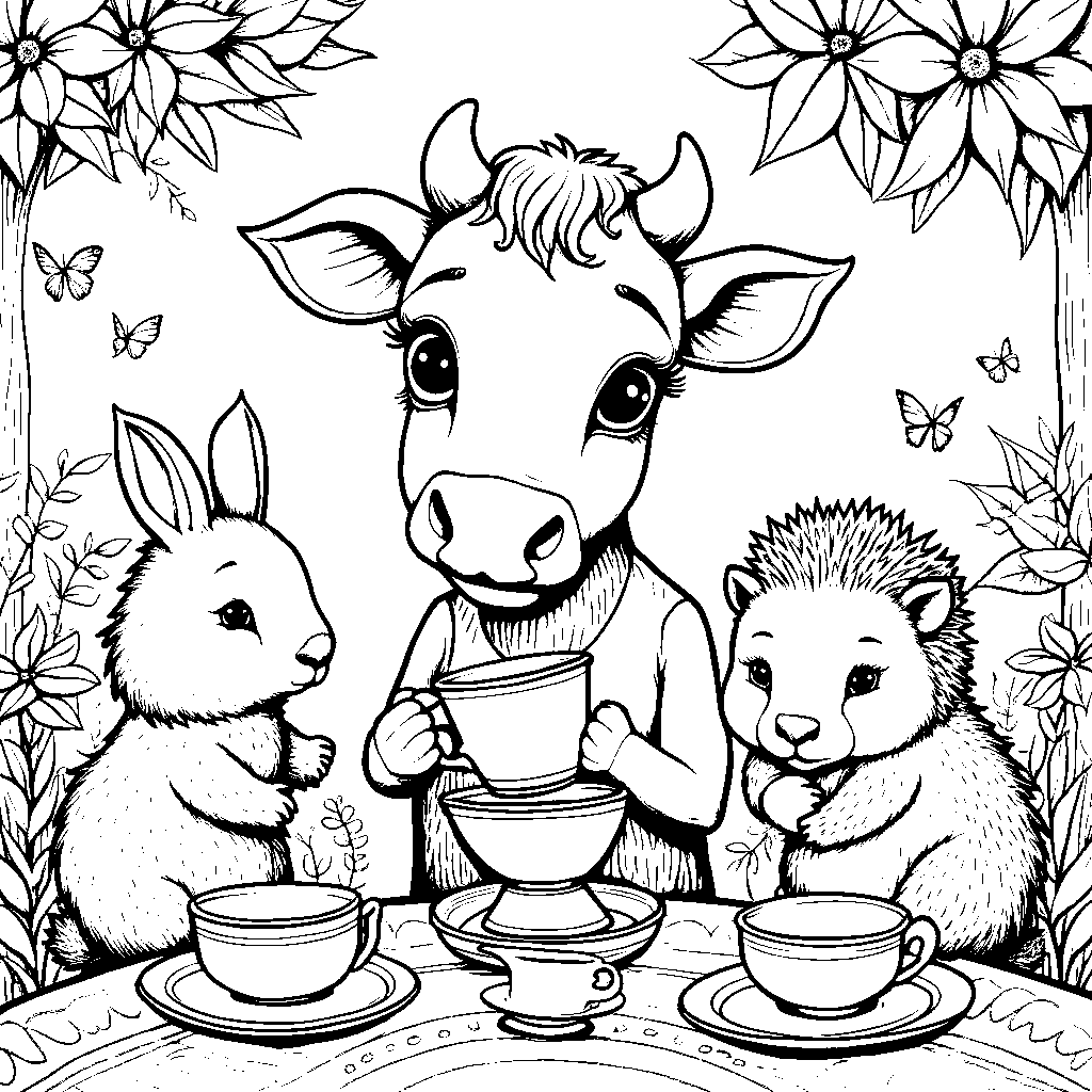 Cow having a tea party with friends