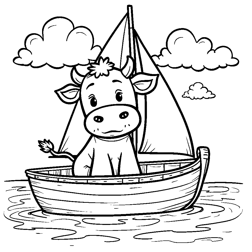 Cow in a boat sailing across the sea