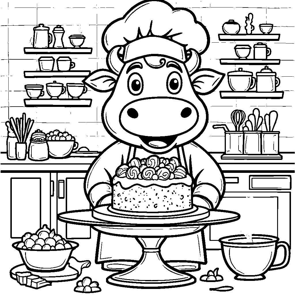 Cow in a chef's hat baking a cake