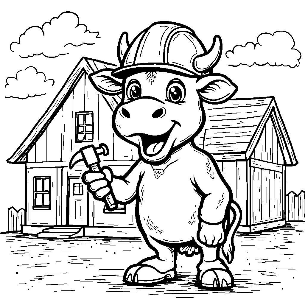 Cow in a construction hat building a house