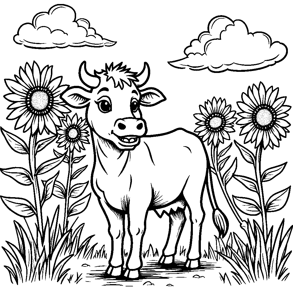 Cow in a field of sunflowers