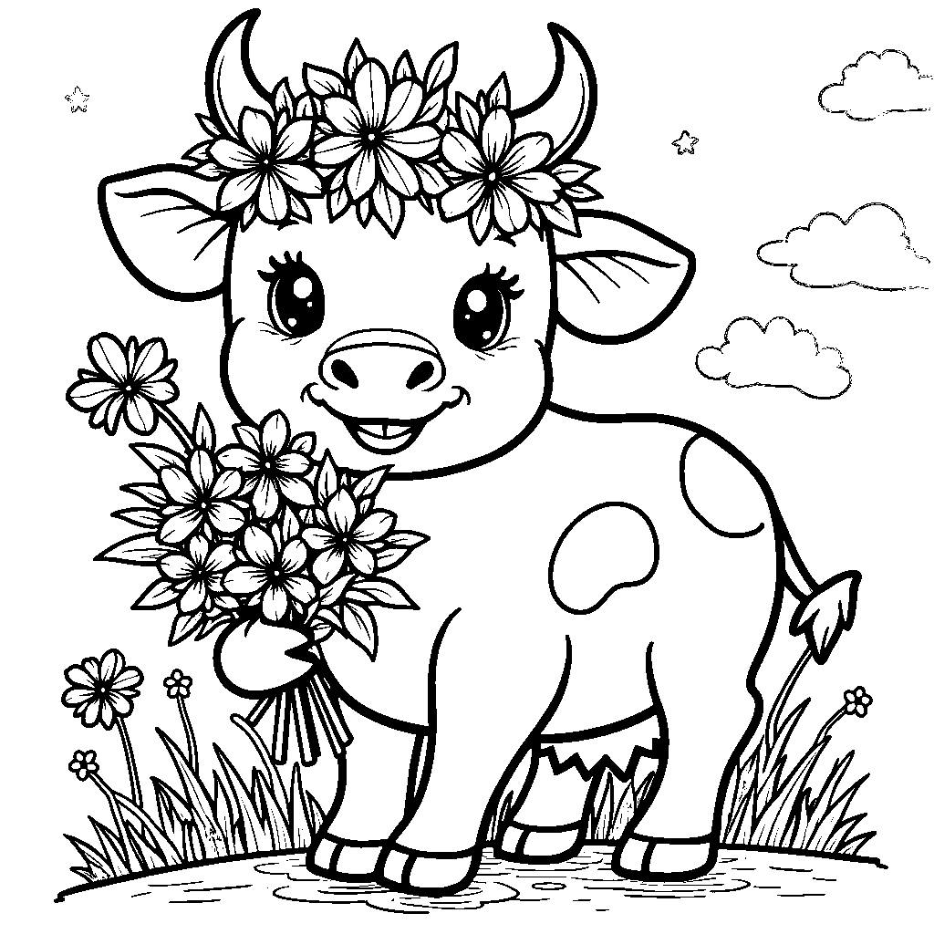 Cow in a flower crown and holding a bouquet