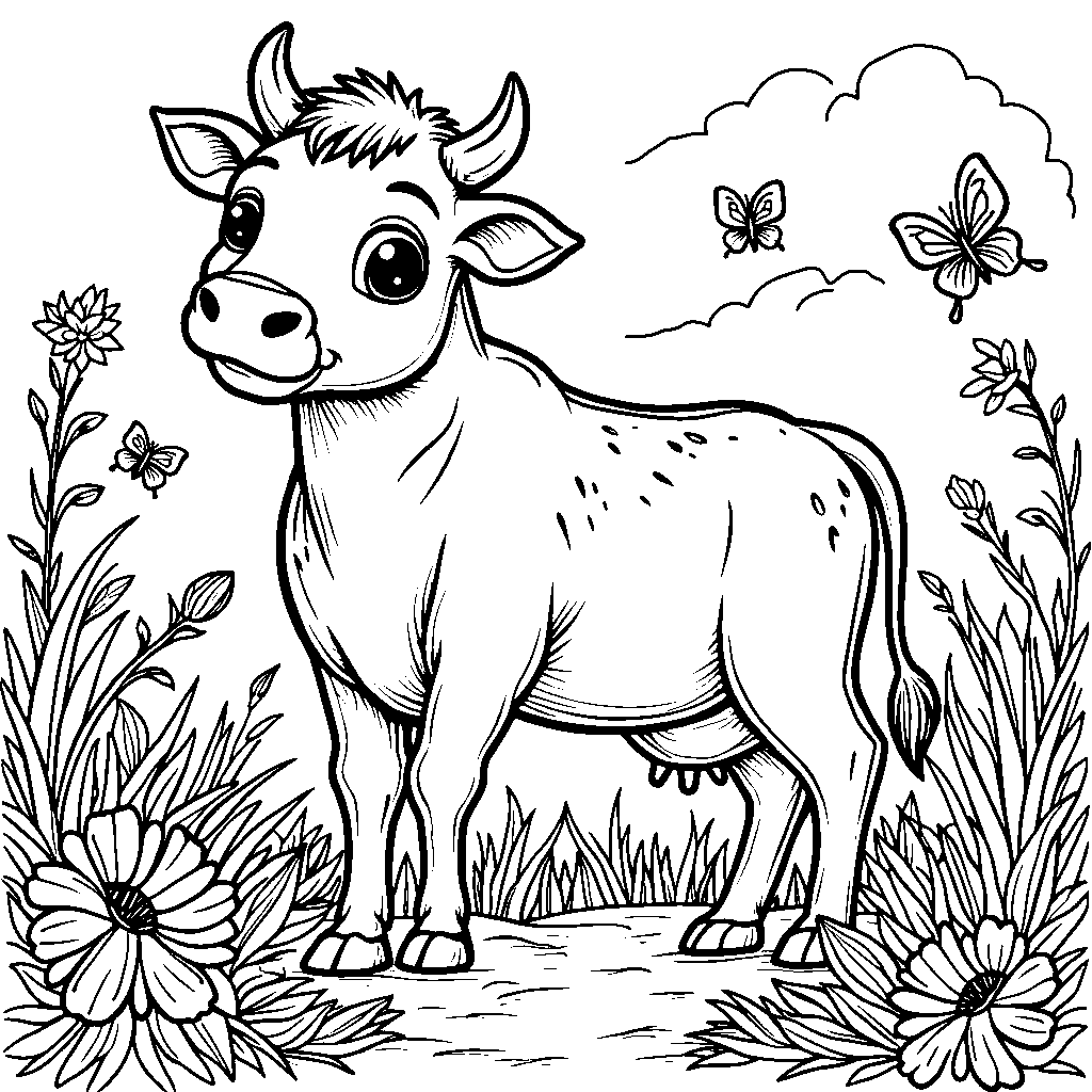 Cow in a garden surrounded by butterflies