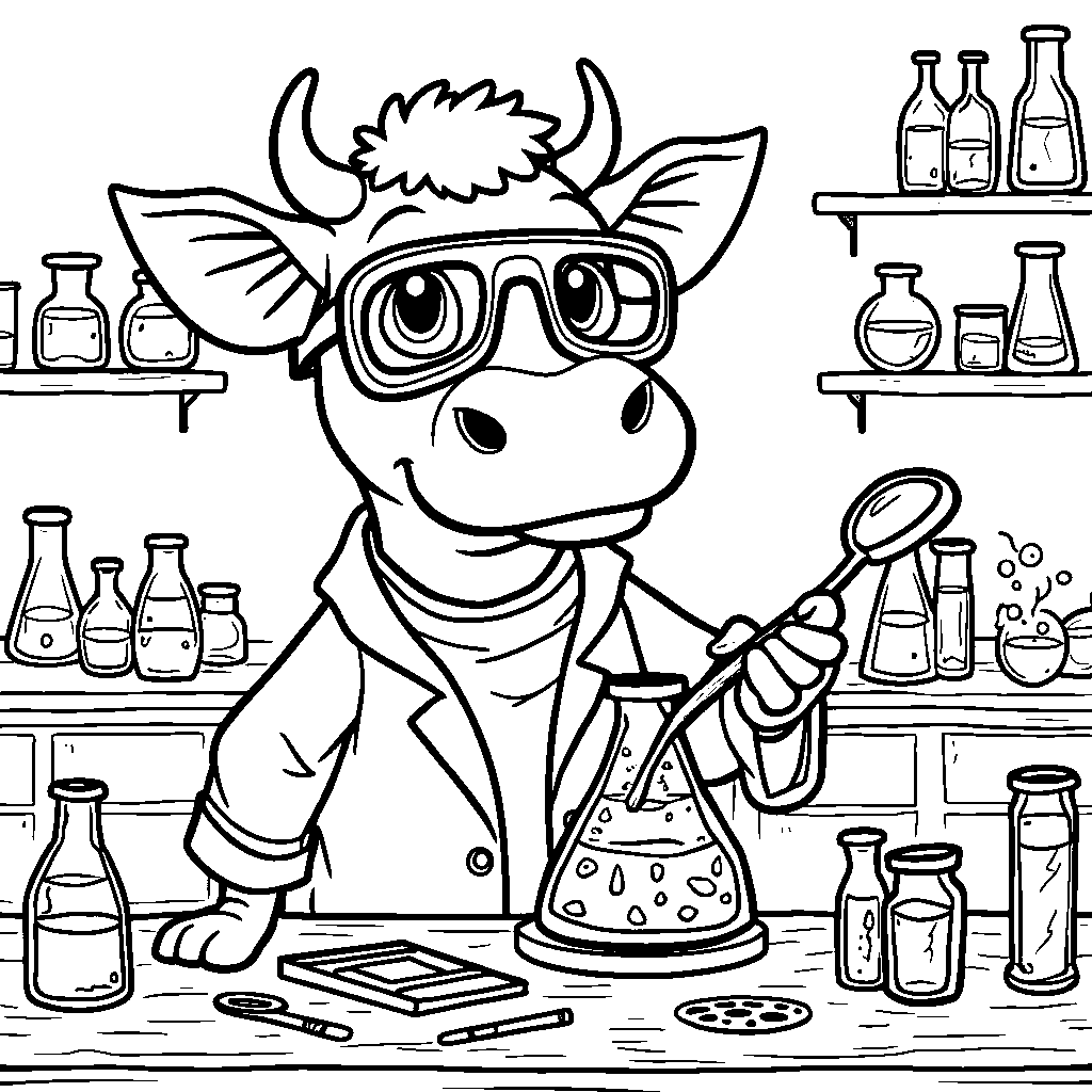 Cow in a laboratory mixing colorful potions