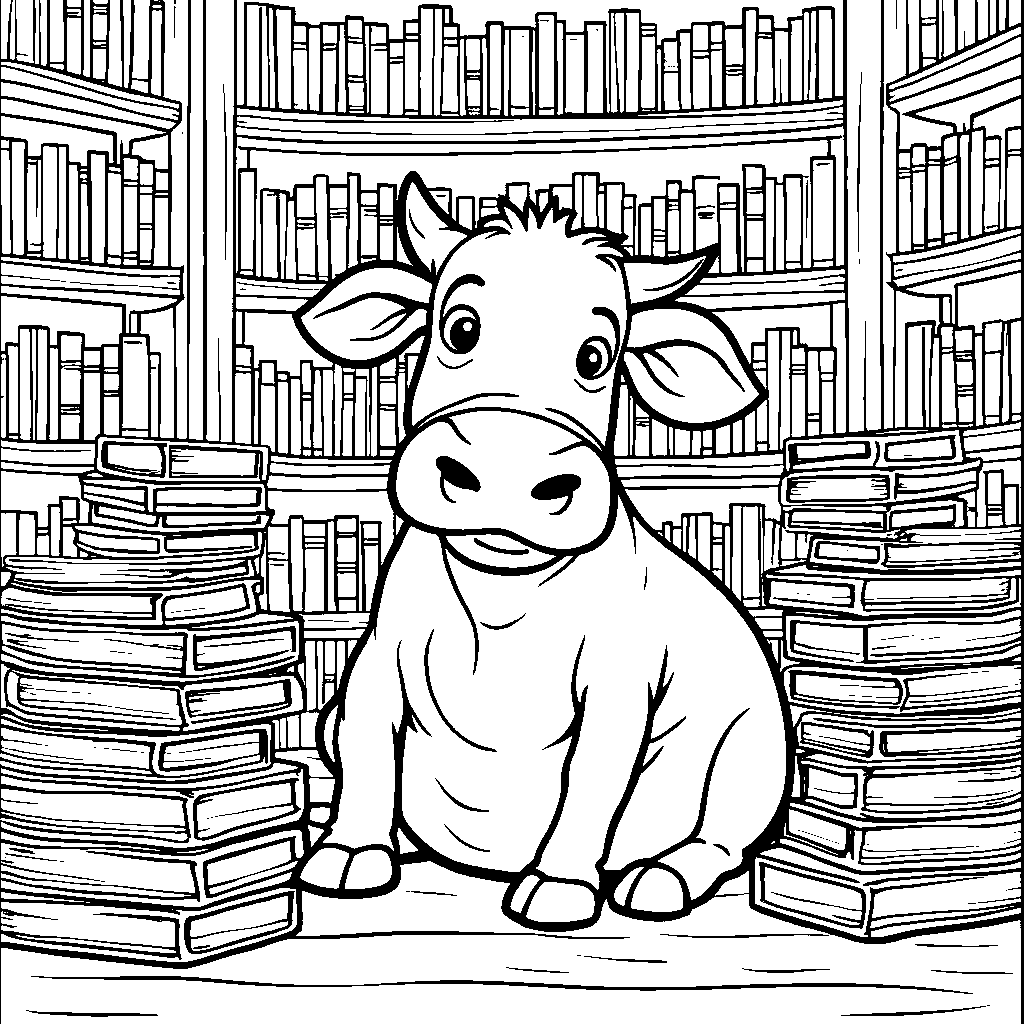 Cow in a library surrounded by books