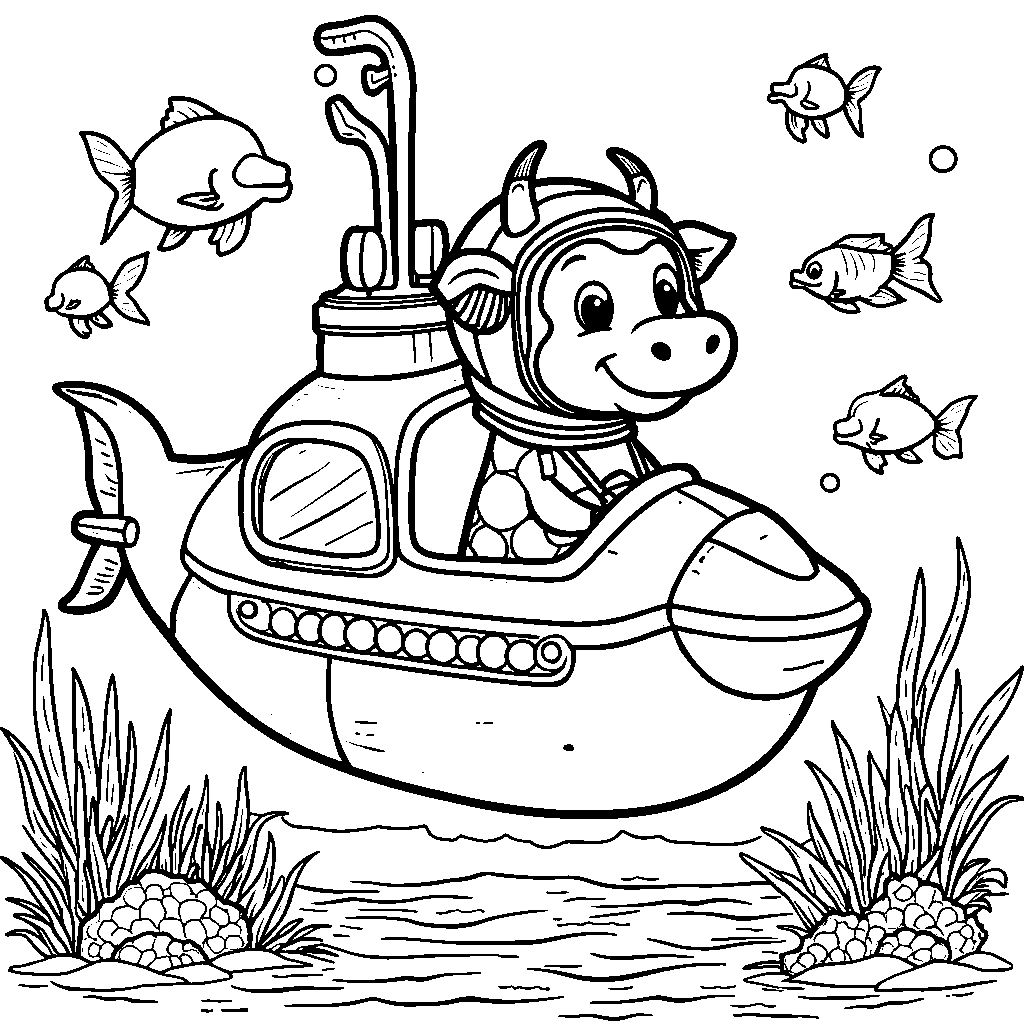 Cow in a submarine exploring the ocean