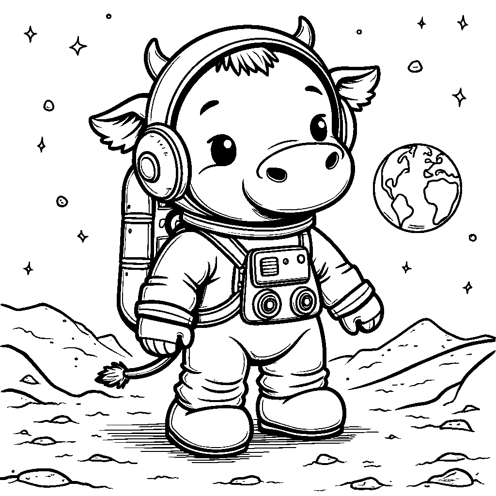 Cow in a astronaut suit walking on the moon