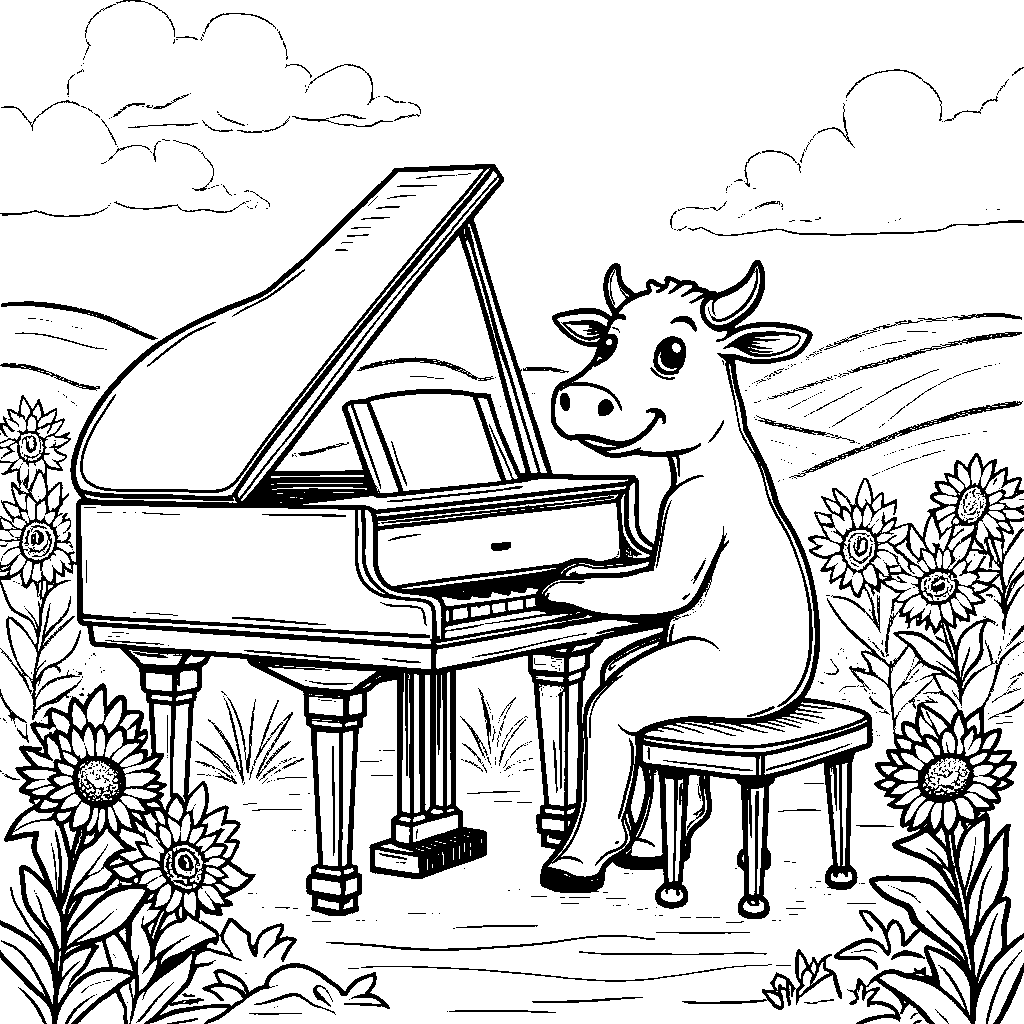 Cow playing a piano