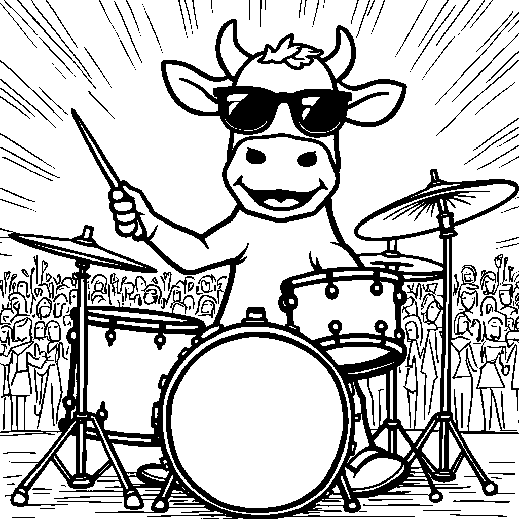 Cow playing drums in a rock band