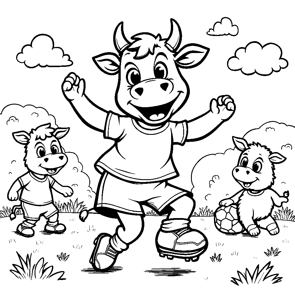 Cow playing soccer with friends