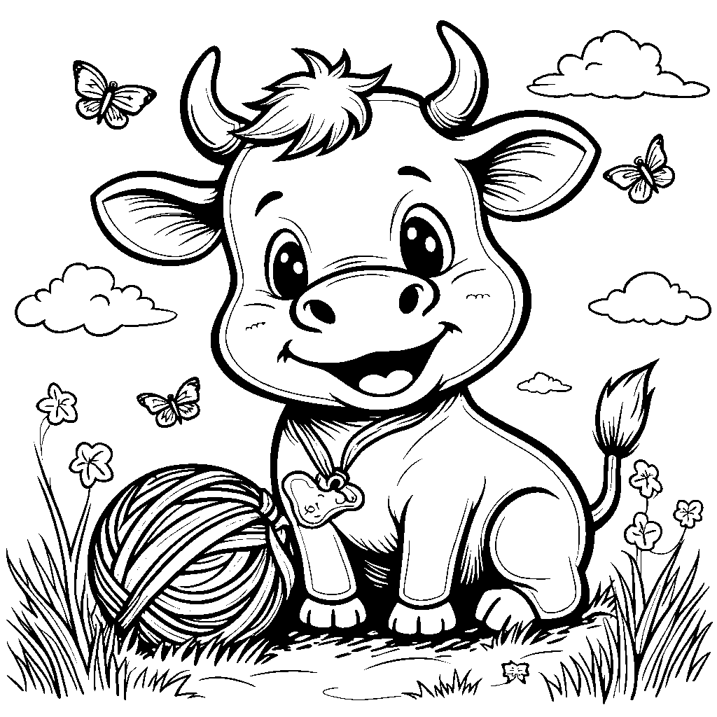 Cow playing with a ball of yarn