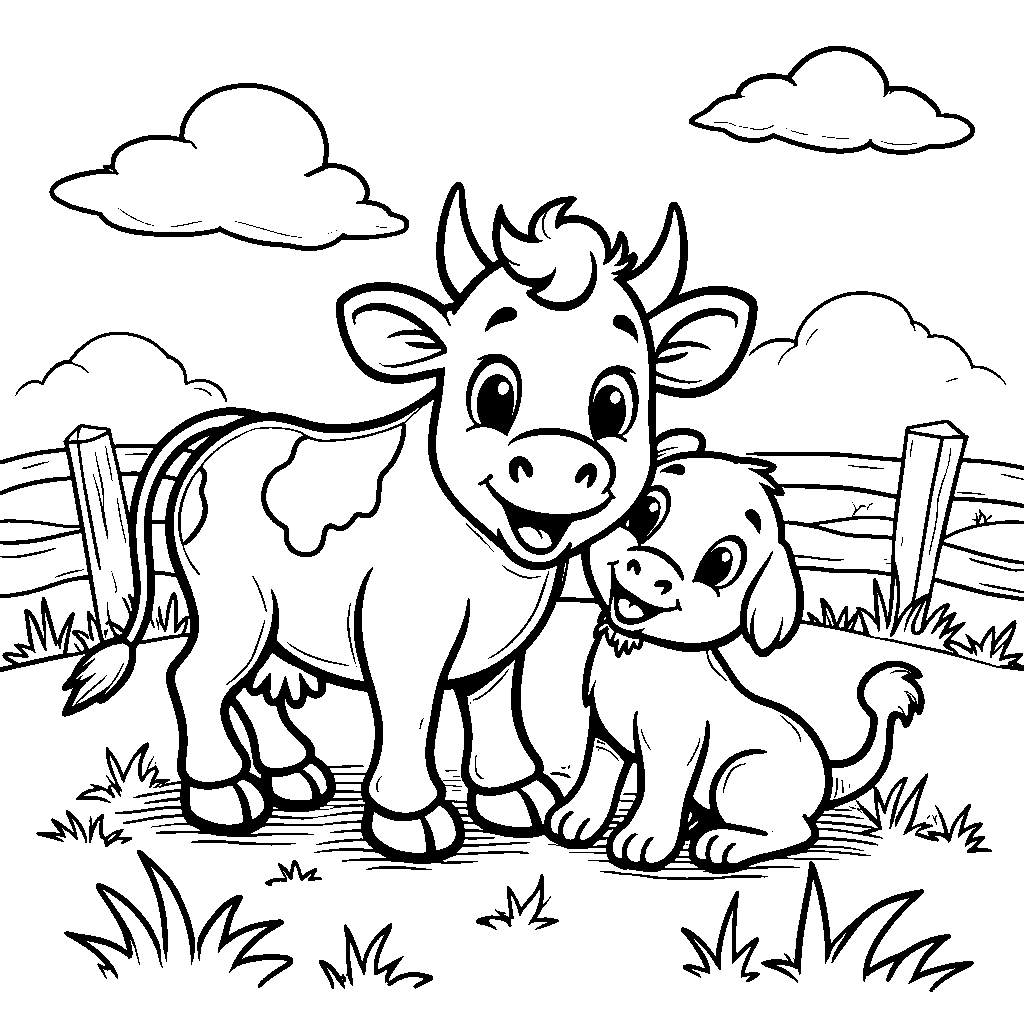 Cow playing with a puppy