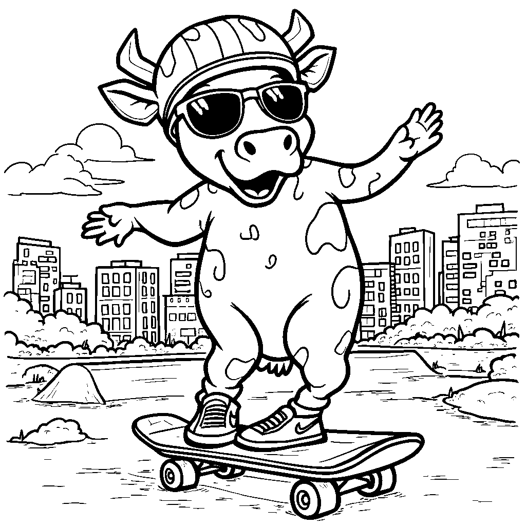 Cow riding a skateboard