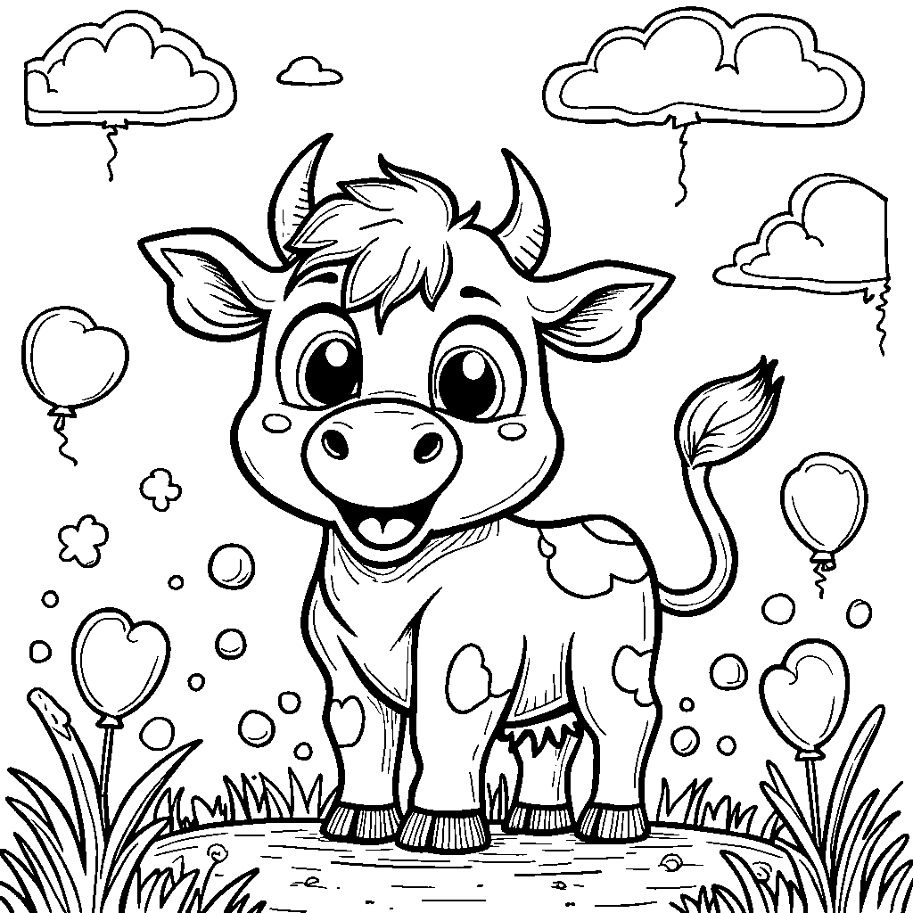 Cow surrounded by bubbles and balloons