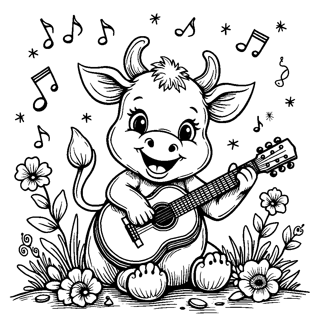 Cow surrounded by musical notes and instruments