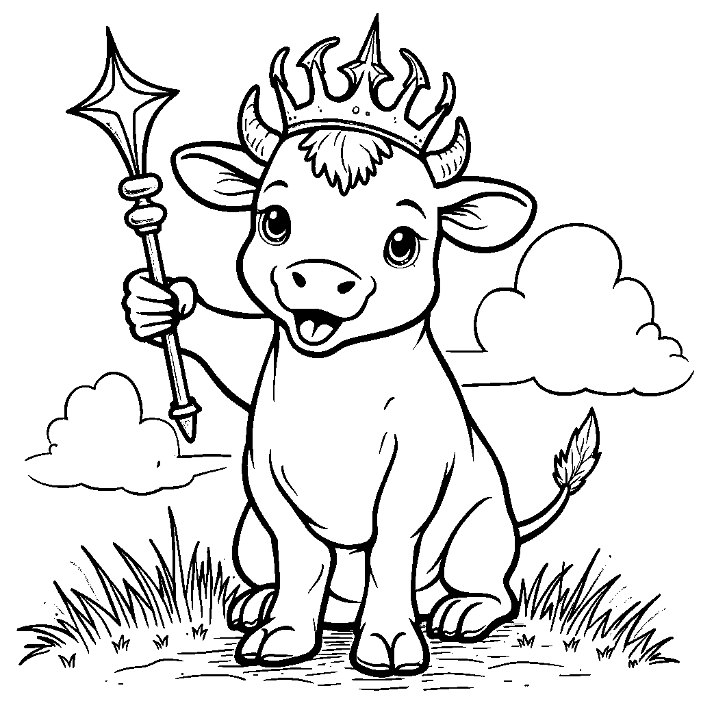 Cow wearing a crown and holding a scepter