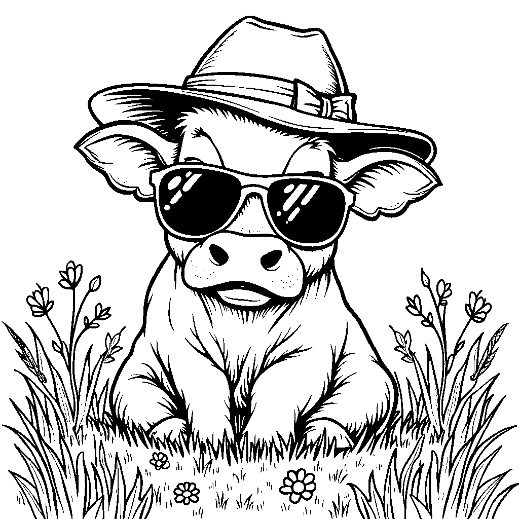 Cow wearing sunglasses and a hat