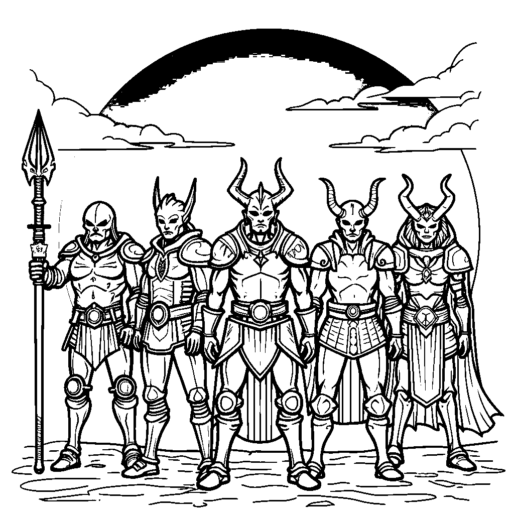 A group of demon slayers standing in front of a sunset