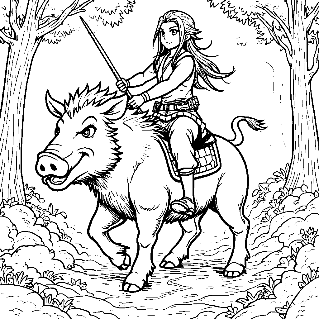 Inosuke Hashibira riding a boar through a forest